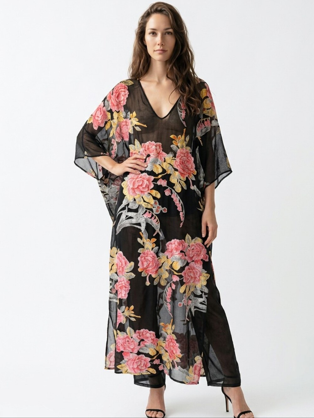 Natori Black Maxi Kimono Dress with Pink and Yellow Velvet Burntout Floral Print